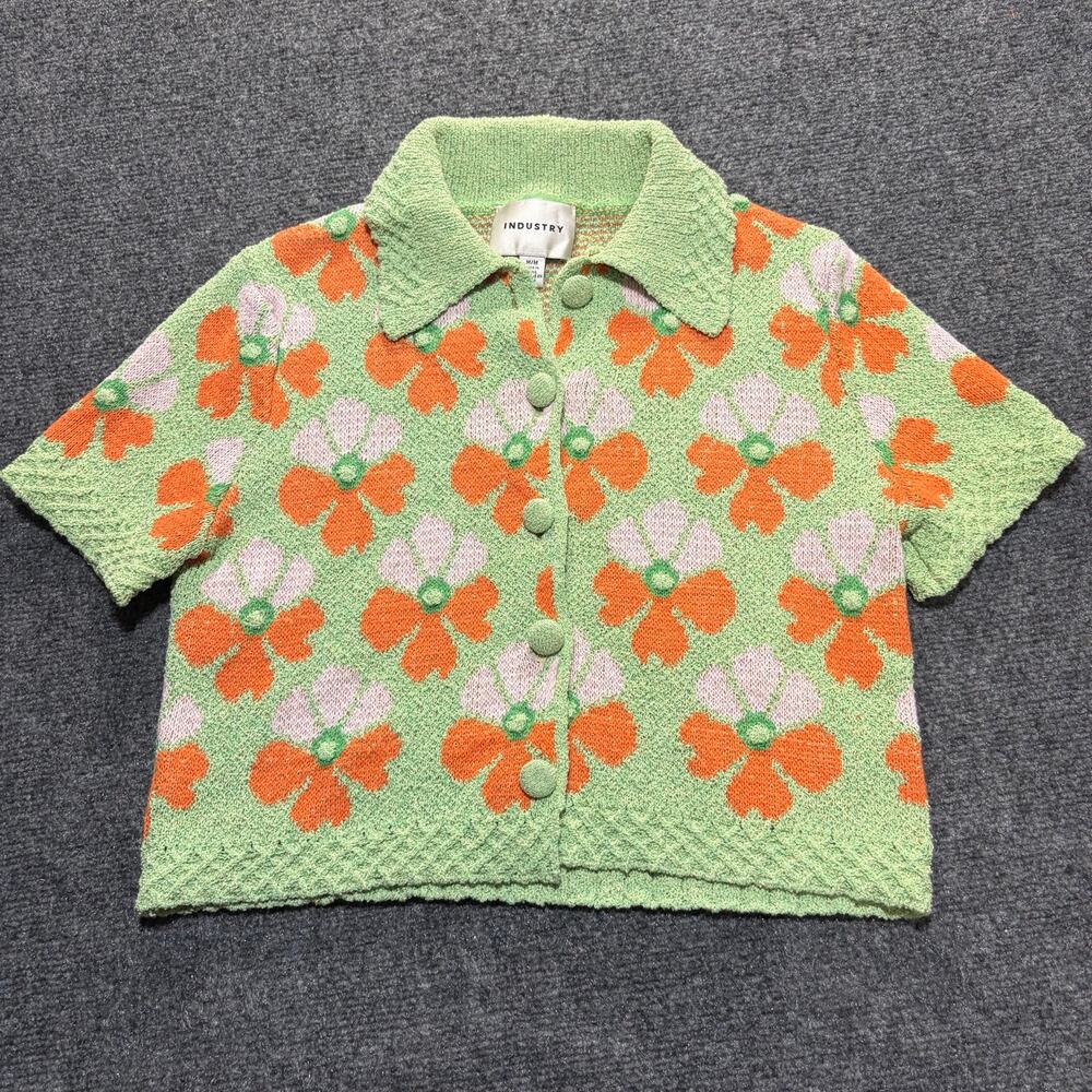 Industry Republic Womens Medium Green Orange Floral Jacquard Knit Polo Cardigan